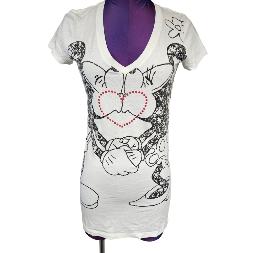 Disney V-Neck Tee-Shirt Mickey Mouse & Minnie Mouse Kissing Size Small Women O12